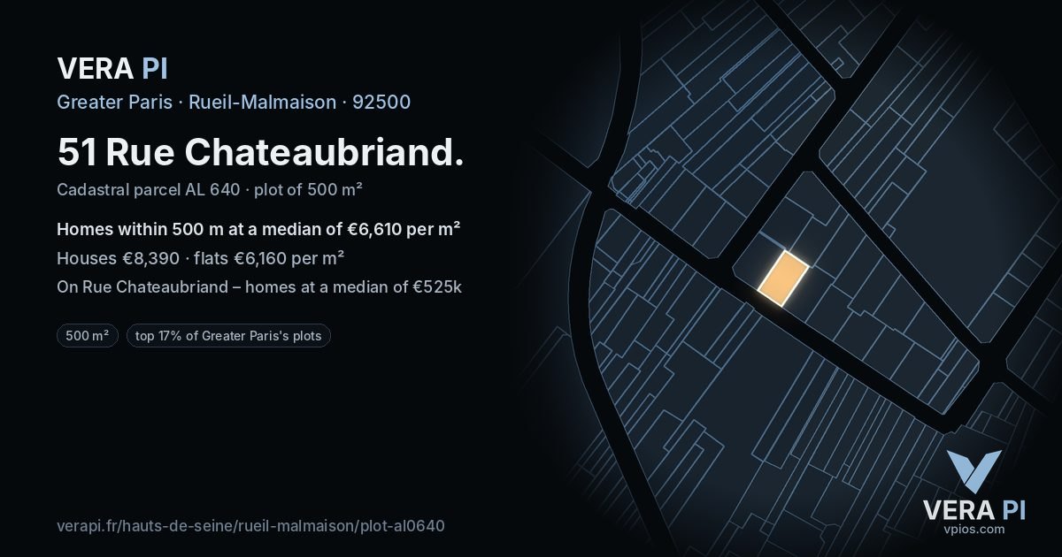 51 Rue Chateaubriand, Rueil-Malmaison at night – the plot lit, the parcels around coloured by the prices near them