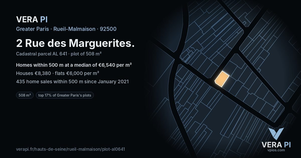 2 Rue des Marguerites, Rueil-Malmaison at night – the plot lit, the parcels around coloured by the prices near them
