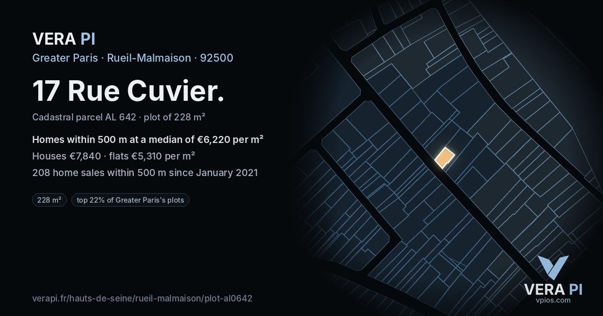 17 Rue Cuvier, Rueil-Malmaison at night – the plot lit, the parcels around coloured by the prices near them