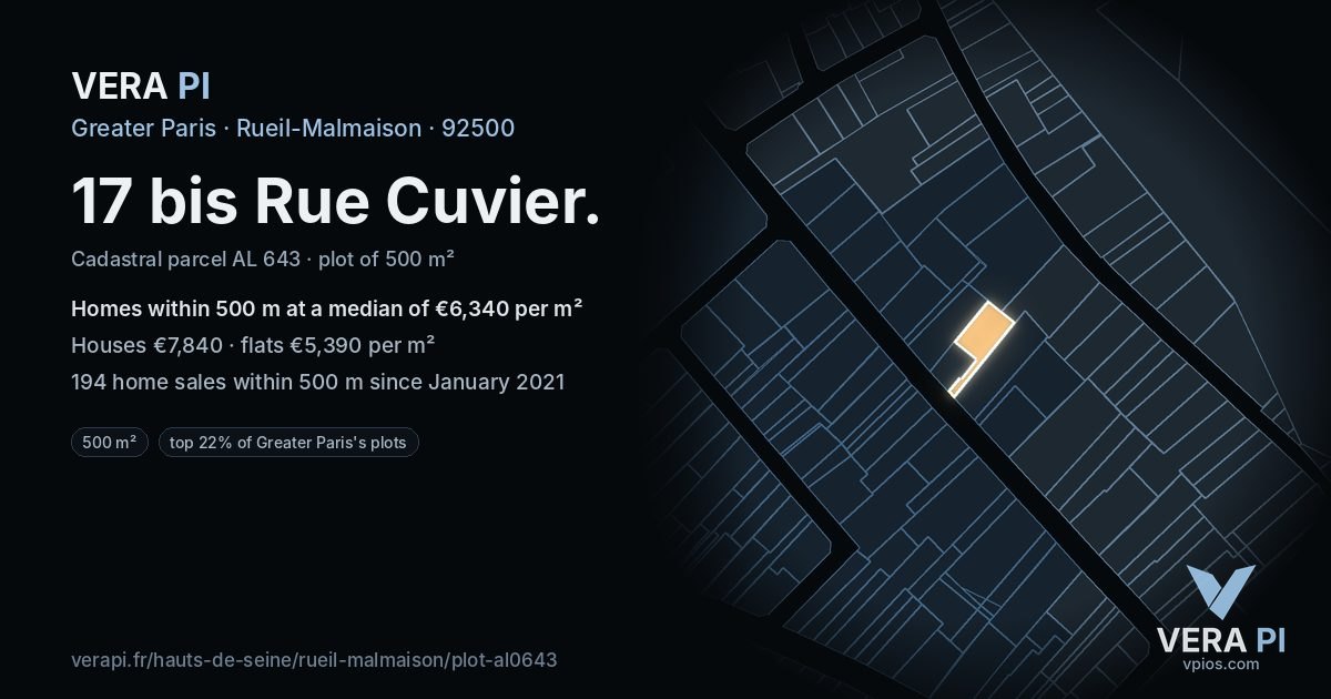 17 bis Rue Cuvier, Rueil-Malmaison at night – the plot lit, the parcels around coloured by the prices near them
