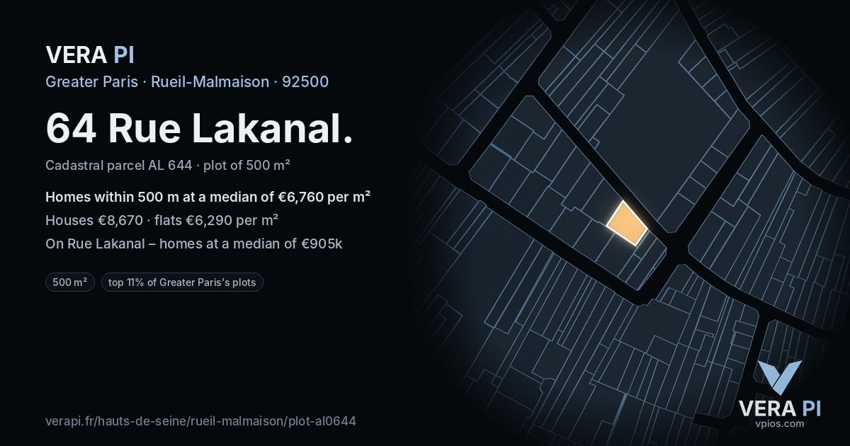 64 Rue Lakanal, Rueil-Malmaison at night – the plot lit, the parcels around coloured by the prices near them