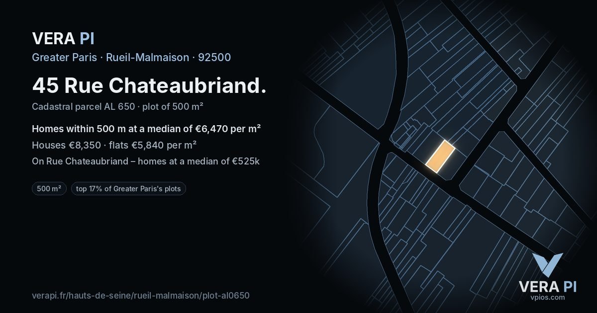 45 Rue Chateaubriand, Rueil-Malmaison at night – the plot lit, the parcels around coloured by the prices near them