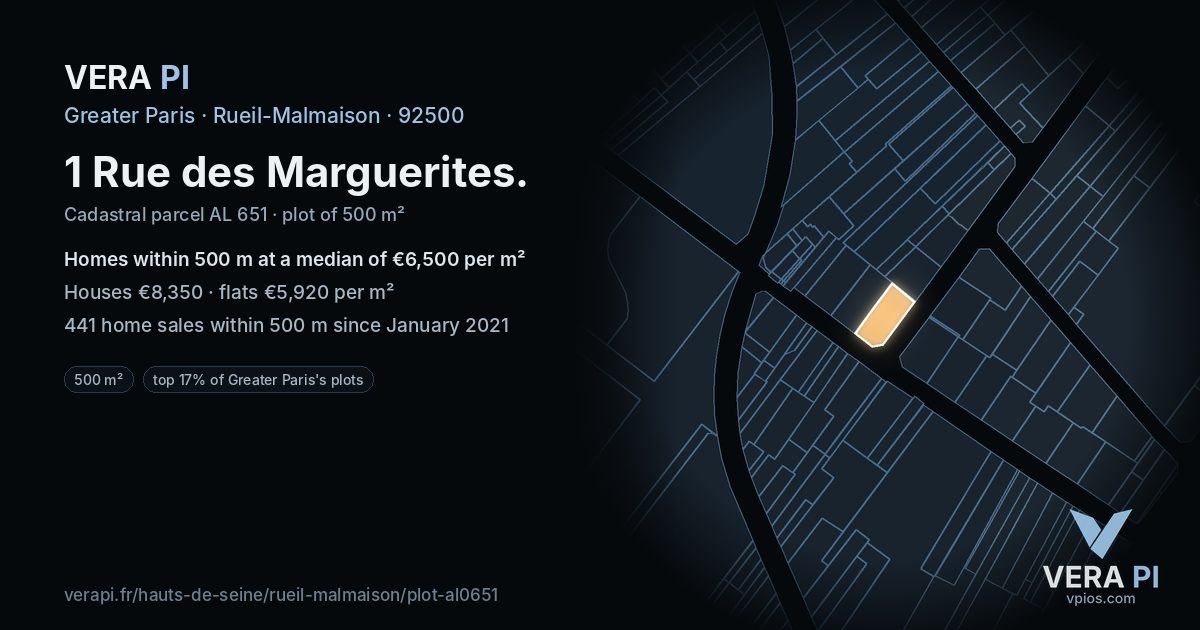1 Rue des Marguerites, Rueil-Malmaison at night – the plot lit, the parcels around coloured by the prices near them