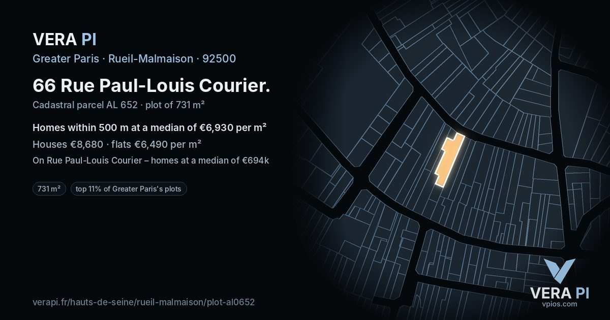 66 Rue Paul-Louis Courier, Rueil-Malmaison at night – the plot lit, the parcels around coloured by the prices near them