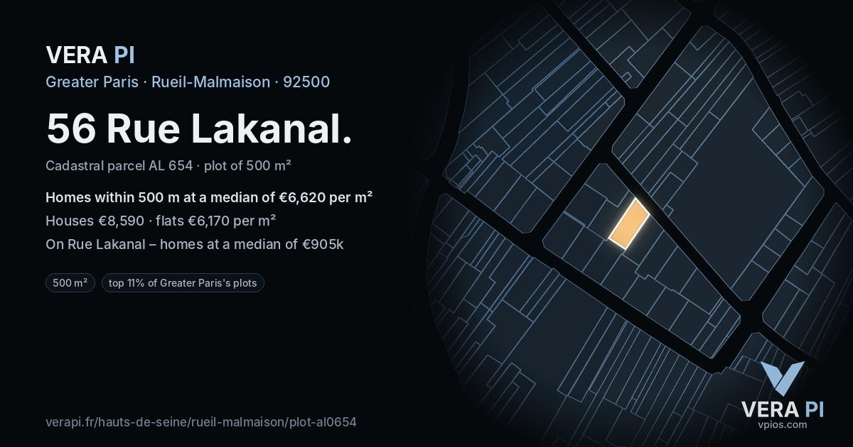 56 Rue Lakanal, Rueil-Malmaison at night – the plot lit, the parcels around coloured by the prices near them