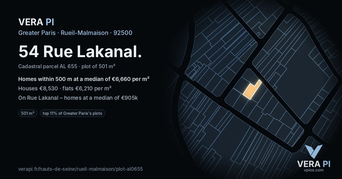 54 Rue Lakanal, Rueil-Malmaison at night – the plot lit, the parcels around coloured by the prices near them