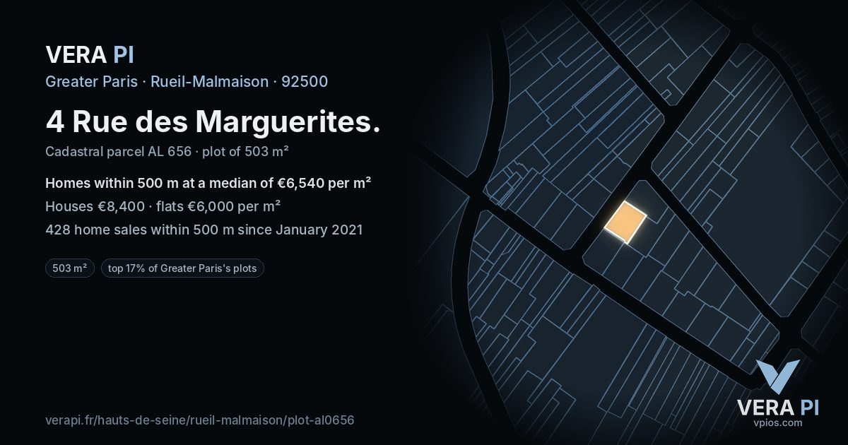 4 Rue des Marguerites, Rueil-Malmaison at night – the plot lit, the parcels around coloured by the prices near them