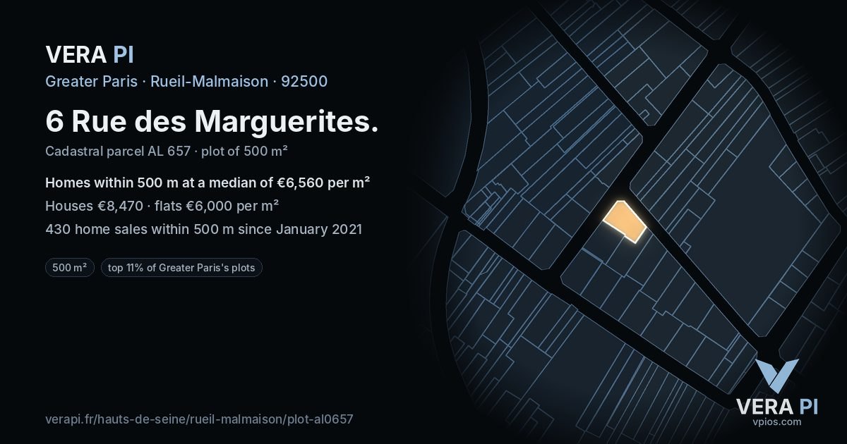 6 Rue des Marguerites, Rueil-Malmaison at night – the plot lit, the parcels around coloured by the prices near them