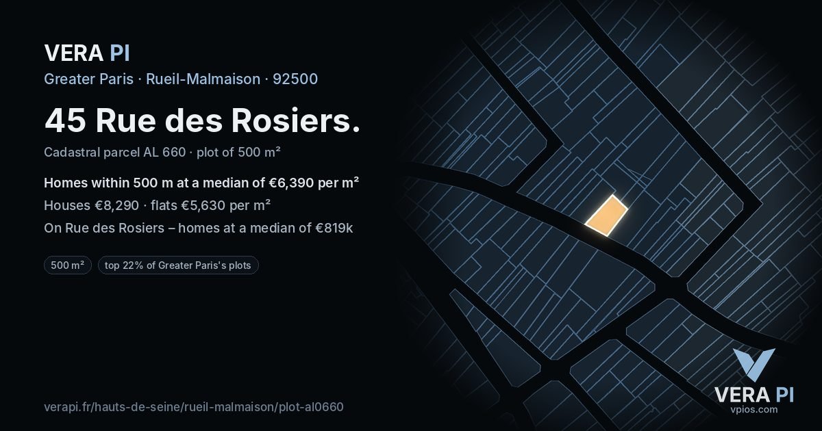 45 Rue des Rosiers, Rueil-Malmaison at night – the plot lit, the parcels around coloured by the prices near them
