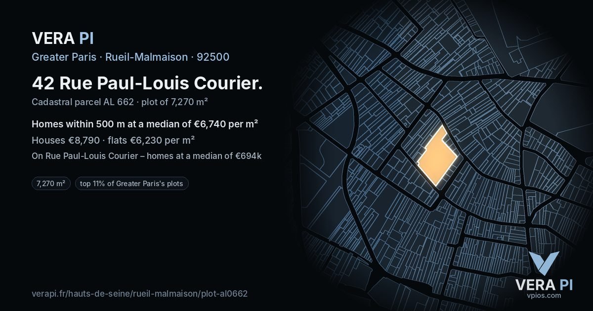 42 Rue Paul-Louis Courier, Rueil-Malmaison at night – the plot lit, the parcels around coloured by the prices near them