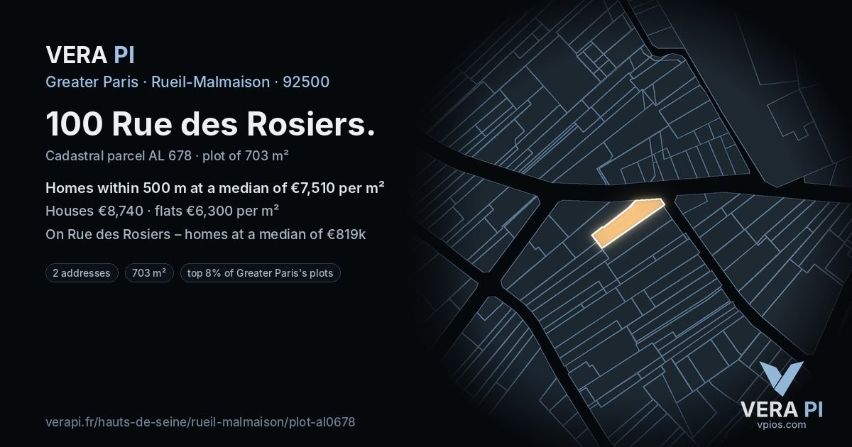 100 Rue des Rosiers, Rueil-Malmaison at night – the plot lit, the parcels around coloured by the prices near them