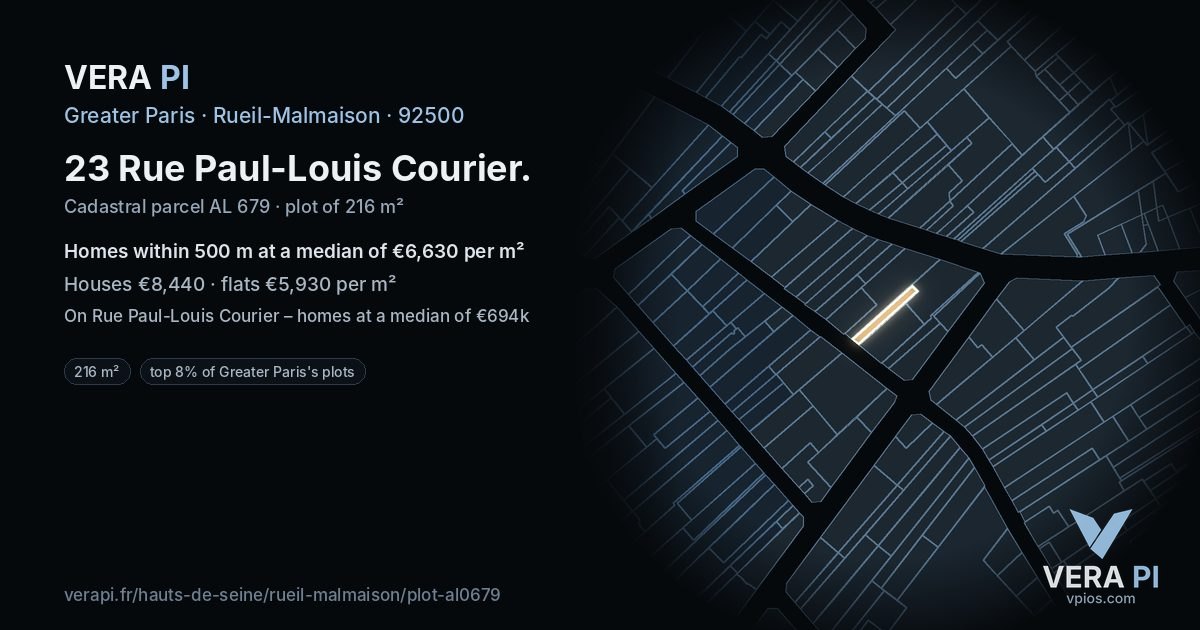 23 Rue Paul-Louis Courier, Rueil-Malmaison at night – the plot lit, the parcels around coloured by the prices near them