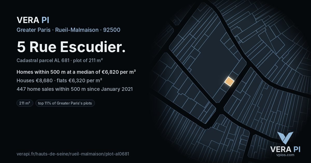 5 Rue Escudier, Rueil-Malmaison at night – the plot lit, the parcels around coloured by the prices near them