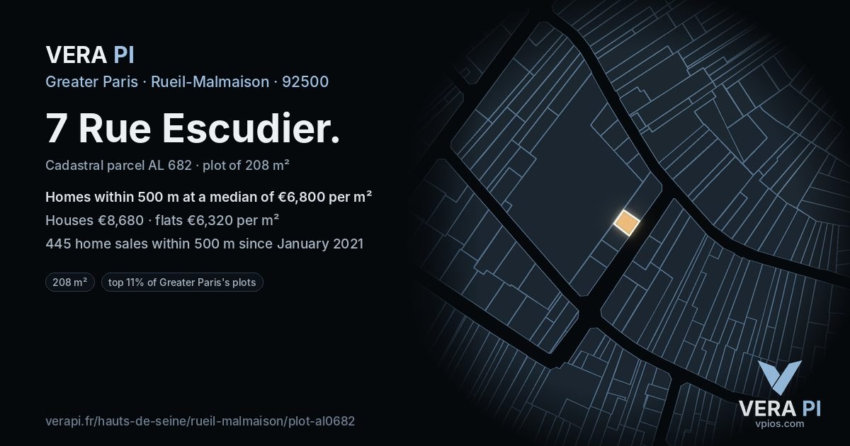 7 Rue Escudier, Rueil-Malmaison at night – the plot lit, the parcels around coloured by the prices near them