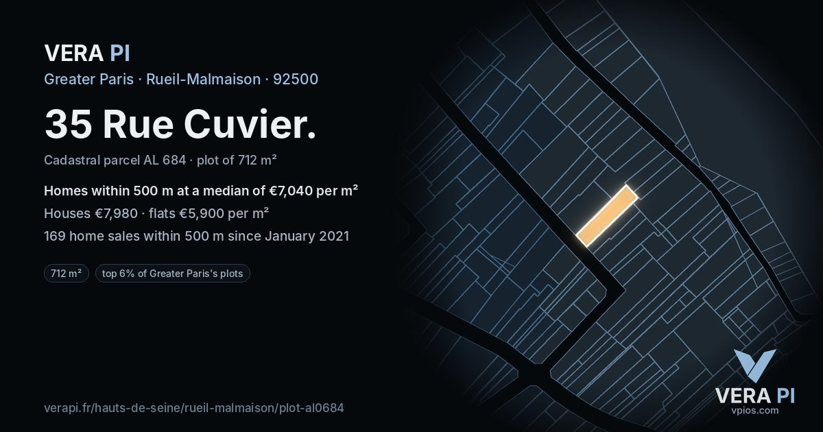35 Rue Cuvier, Rueil-Malmaison at night – the plot lit, the parcels around coloured by the prices near them