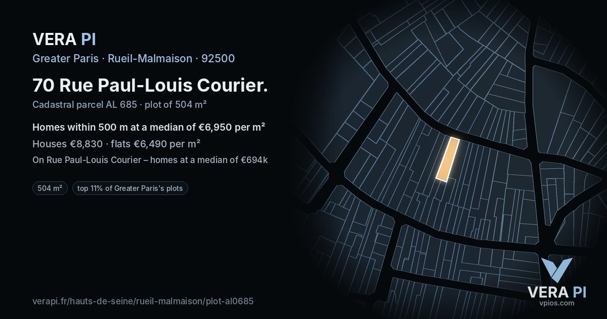 70 Rue Paul-Louis Courier, Rueil-Malmaison at night – the plot lit, the parcels around coloured by the prices near them