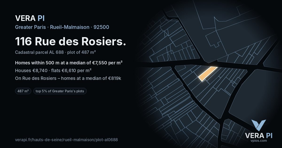 116 Rue des Rosiers, Rueil-Malmaison at night – the plot lit, the parcels around coloured by the prices near them
