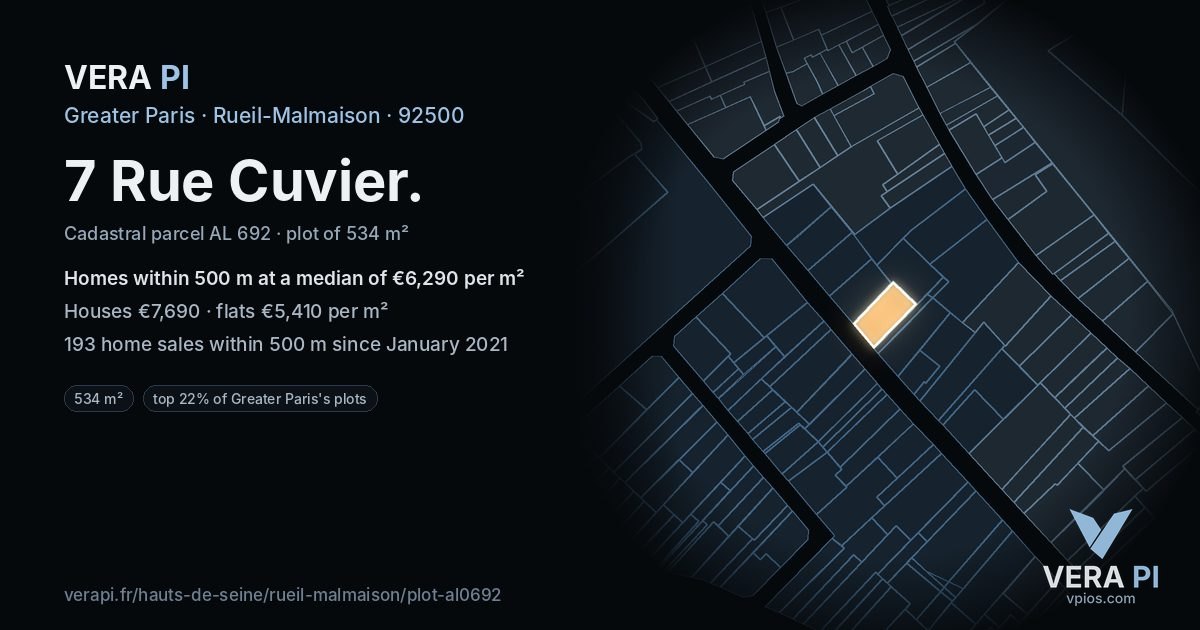 7 Rue Cuvier, Rueil-Malmaison at night – the plot lit, the parcels around coloured by the prices near them