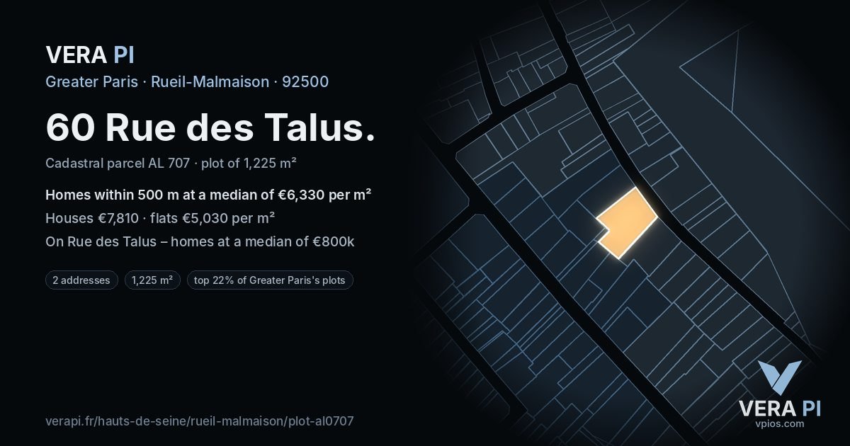 60 Rue des Talus, Rueil-Malmaison at night – the plot lit, the parcels around coloured by the prices near them