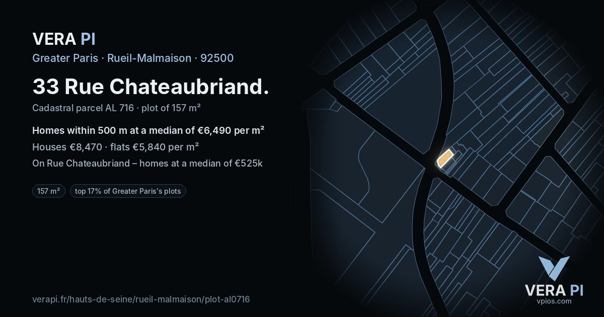 33 Rue Chateaubriand, Rueil-Malmaison at night – the plot lit, the parcels around coloured by the prices near them
