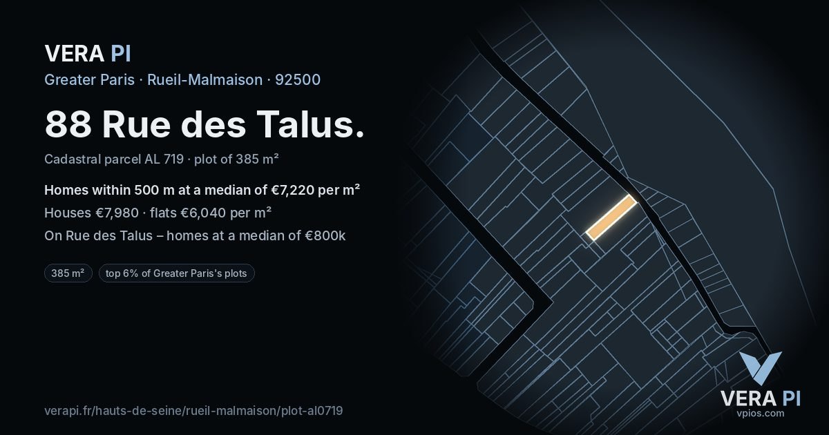 88 Rue des Talus, Rueil-Malmaison at night – the plot lit, the parcels around coloured by the prices near them