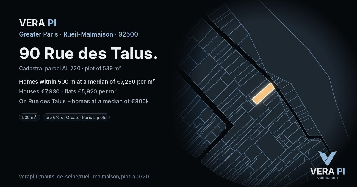 90 Rue des Talus, Rueil-Malmaison at night – the plot lit, the parcels around coloured by the prices near them