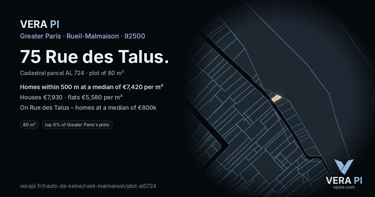 75 Rue des Talus, Rueil-Malmaison at night – the plot lit, the parcels around coloured by the prices near them