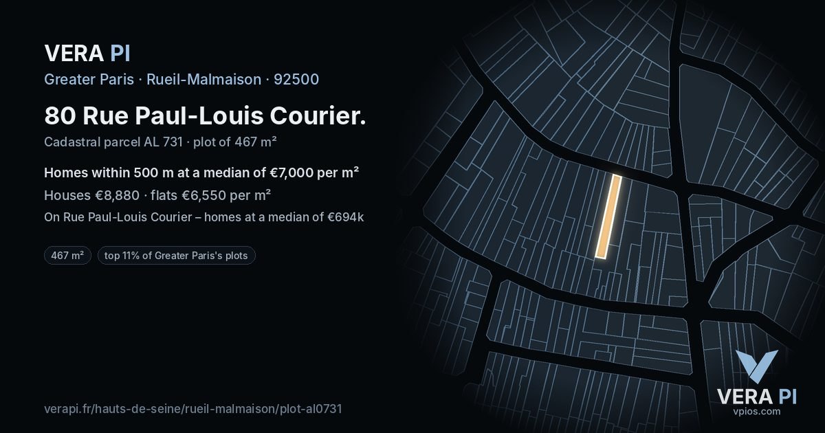 80 Rue Paul-Louis Courier, Rueil-Malmaison at night – the plot lit, the parcels around coloured by the prices near them