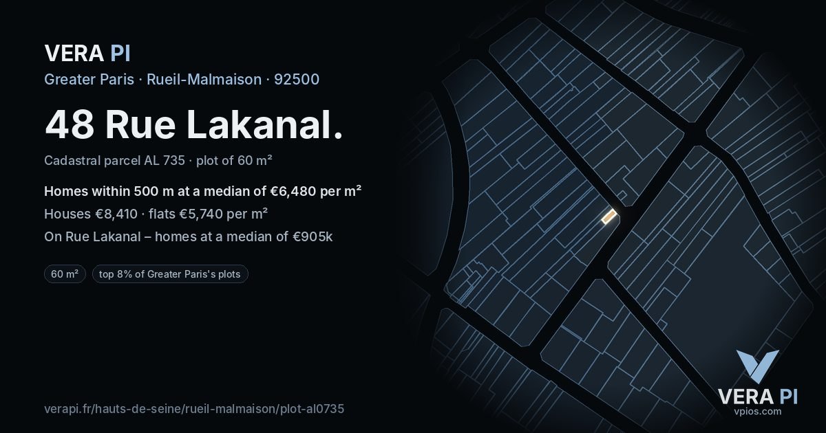 48 Rue Lakanal, Rueil-Malmaison at night – the plot lit, the parcels around coloured by the prices near them