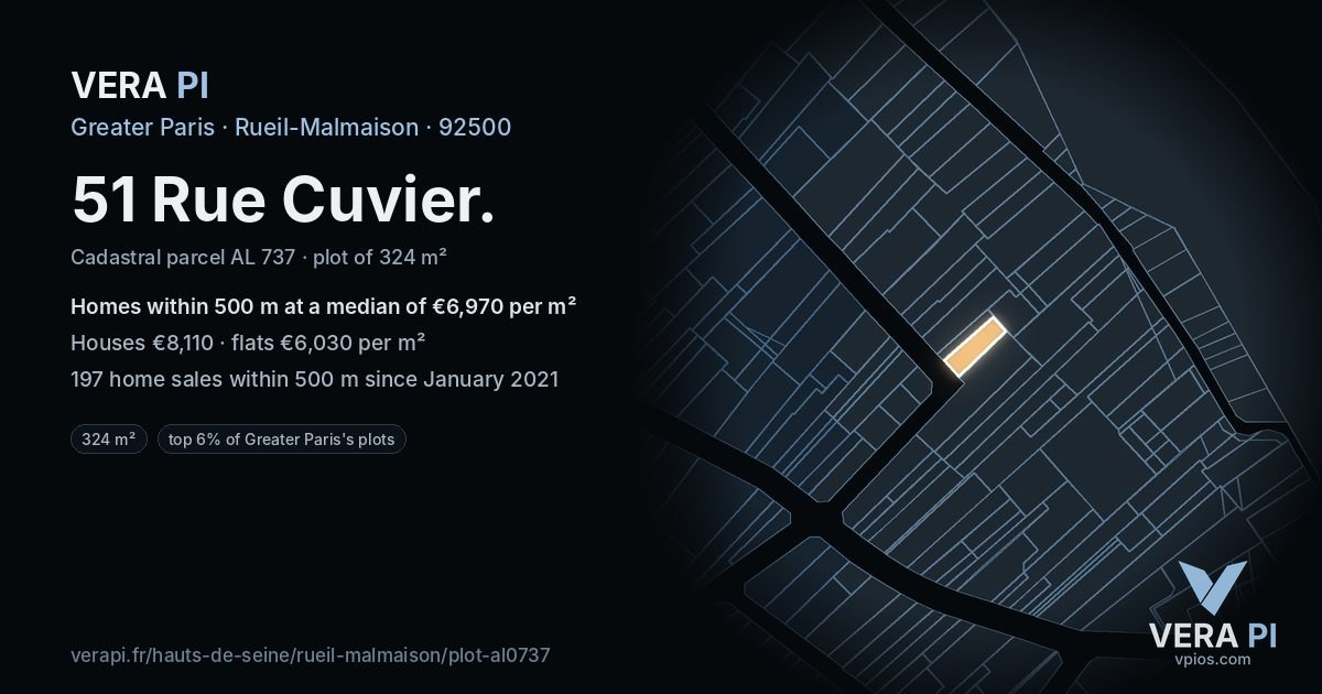 51 Rue Cuvier, Rueil-Malmaison at night – the plot lit, the parcels around coloured by the prices near them
