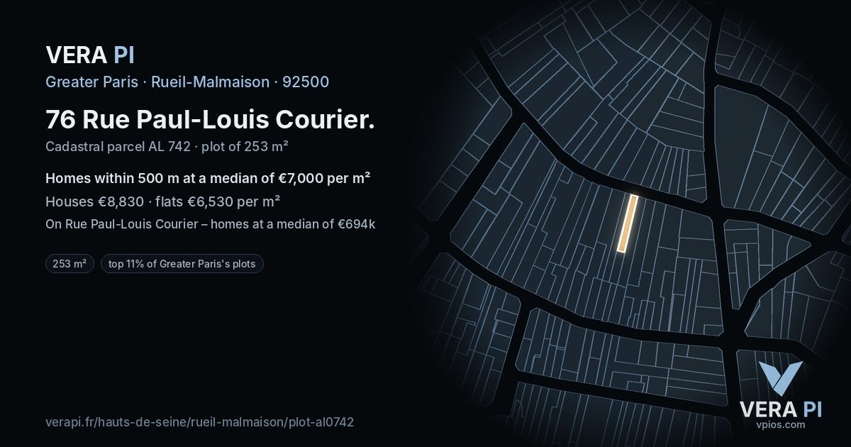 76 Rue Paul-Louis Courier, Rueil-Malmaison at night – the plot lit, the parcels around coloured by the prices near them