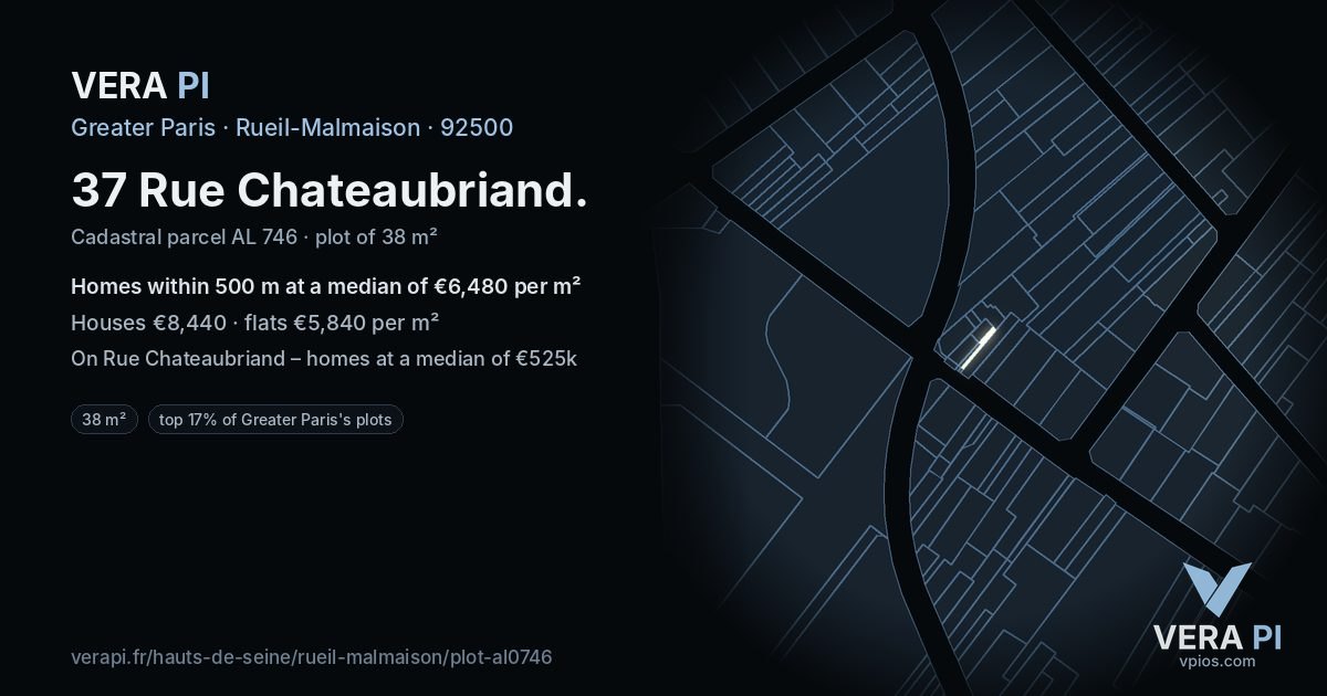 37 Rue Chateaubriand, Rueil-Malmaison at night – the plot lit, the parcels around coloured by the prices near them