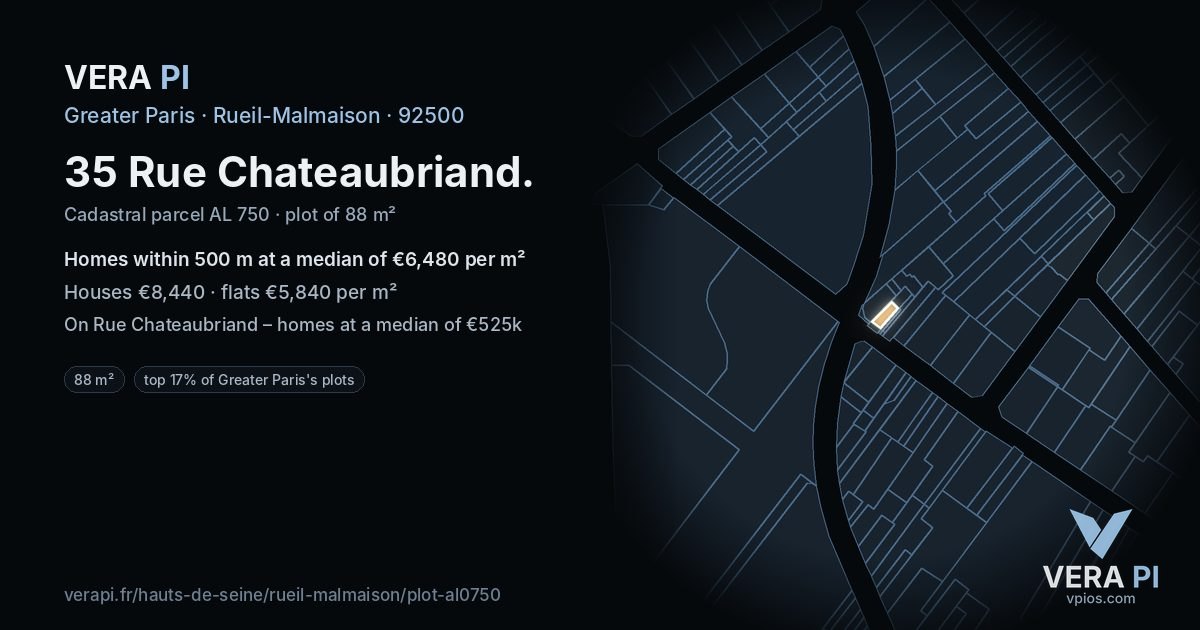 35 Rue Chateaubriand, Rueil-Malmaison at night – the plot lit, the parcels around coloured by the prices near them