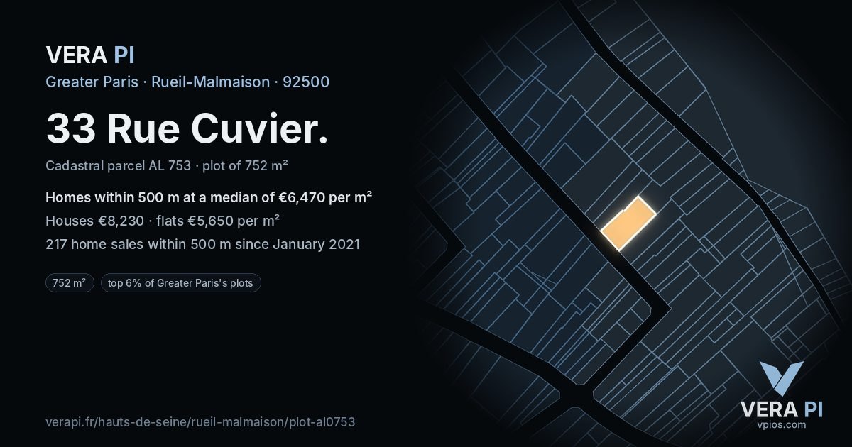 33 Rue Cuvier, Rueil-Malmaison at night – the plot lit, the parcels around coloured by the prices near them