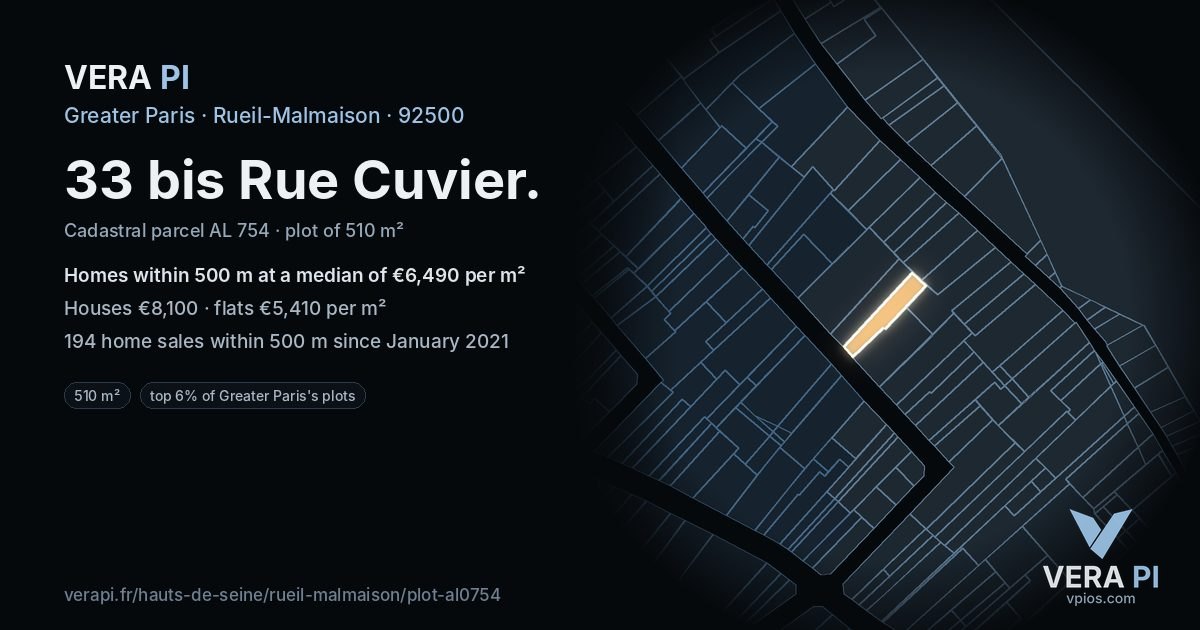 33 bis Rue Cuvier, Rueil-Malmaison at night – the plot lit, the parcels around coloured by the prices near them
