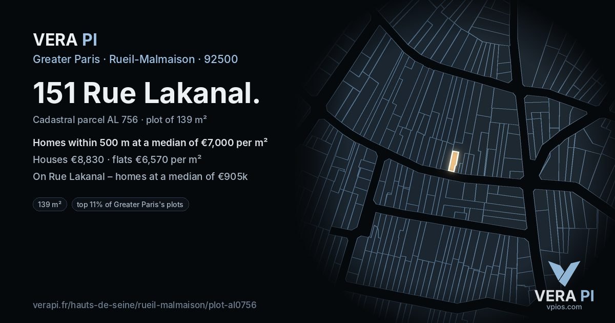151 Rue Lakanal, Rueil-Malmaison at night – the plot lit, the parcels around coloured by the prices near them