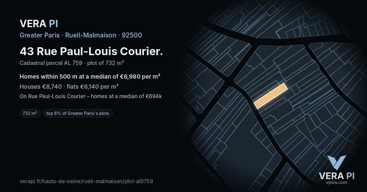 43 Rue Paul-Louis Courier, Rueil-Malmaison at night – the plot lit, the parcels around coloured by the prices near them