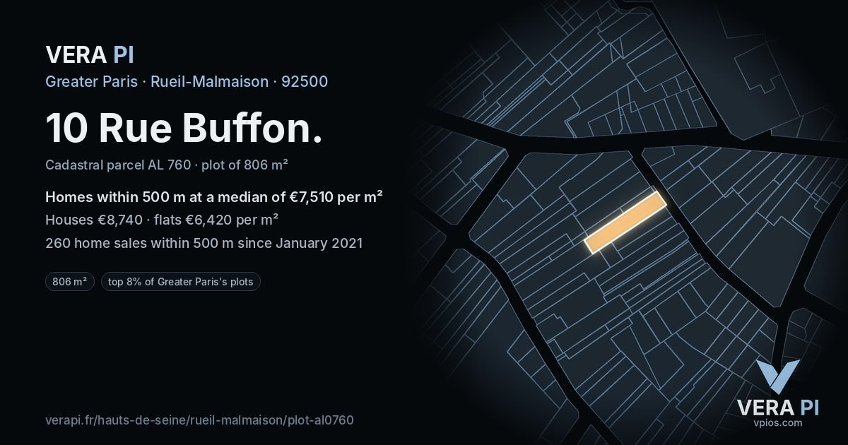 10 Rue Buffon, Rueil-Malmaison at night – the plot lit, the parcels around coloured by the prices near them