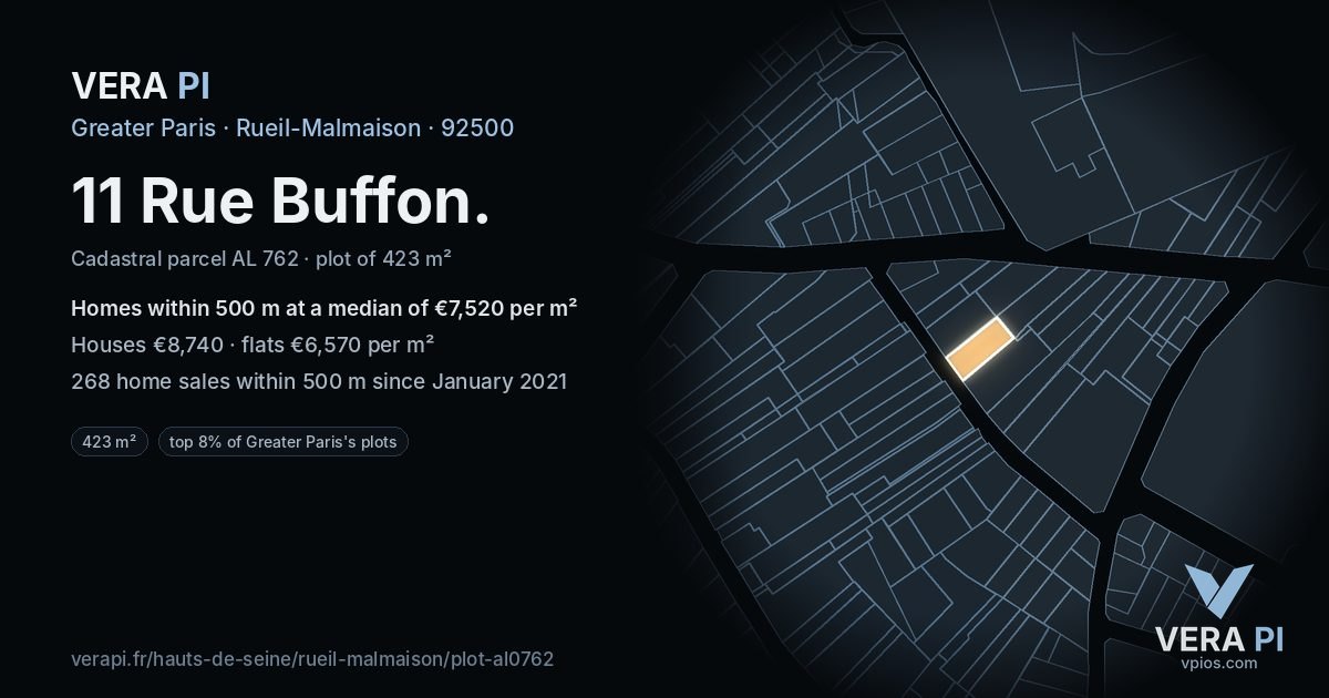 11 Rue Buffon, Rueil-Malmaison at night – the plot lit, the parcels around coloured by the prices near them