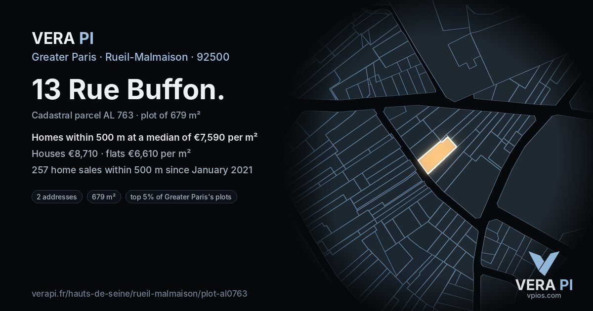 13 Rue Buffon, Rueil-Malmaison at night – the plot lit, the parcels around coloured by the prices near them