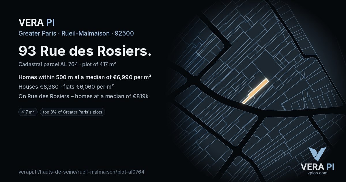 93 Rue des Rosiers, Rueil-Malmaison at night – the plot lit, the parcels around coloured by the prices near them