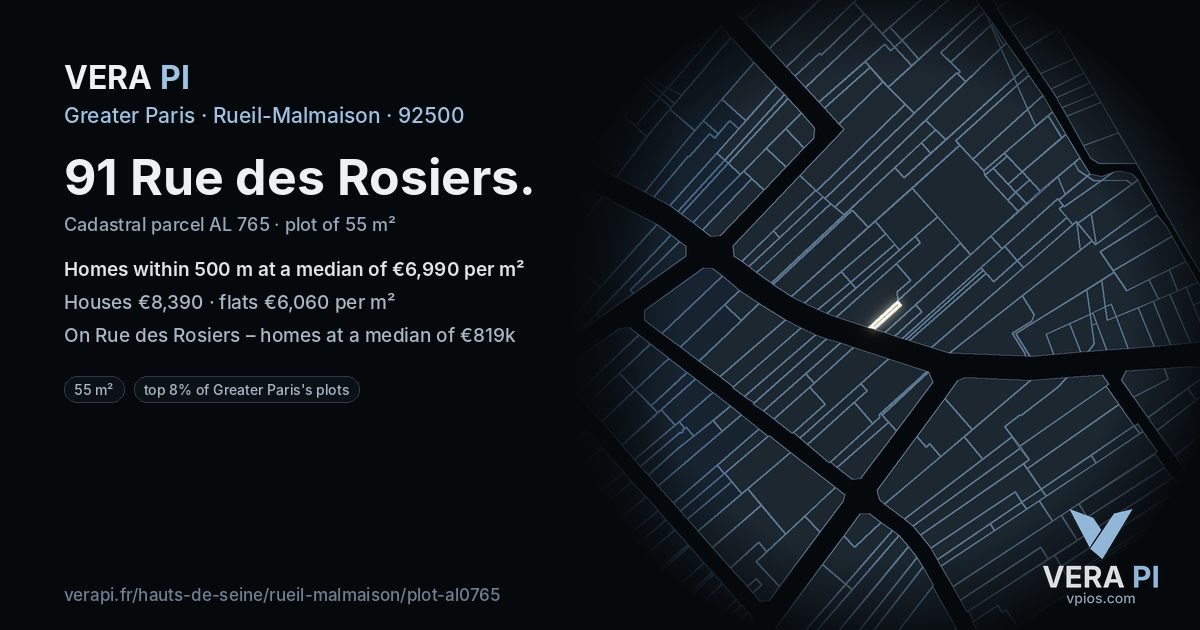 91 Rue des Rosiers, Rueil-Malmaison at night – the plot lit, the parcels around coloured by the prices near them