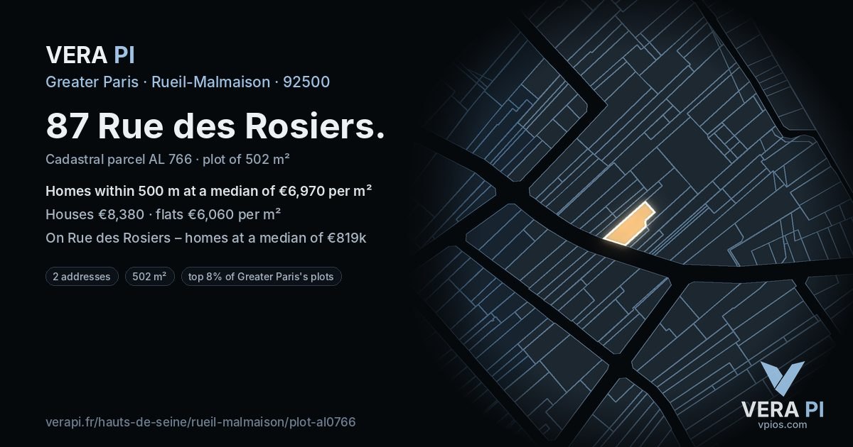 87 Rue des Rosiers, Rueil-Malmaison at night – the plot lit, the parcels around coloured by the prices near them
