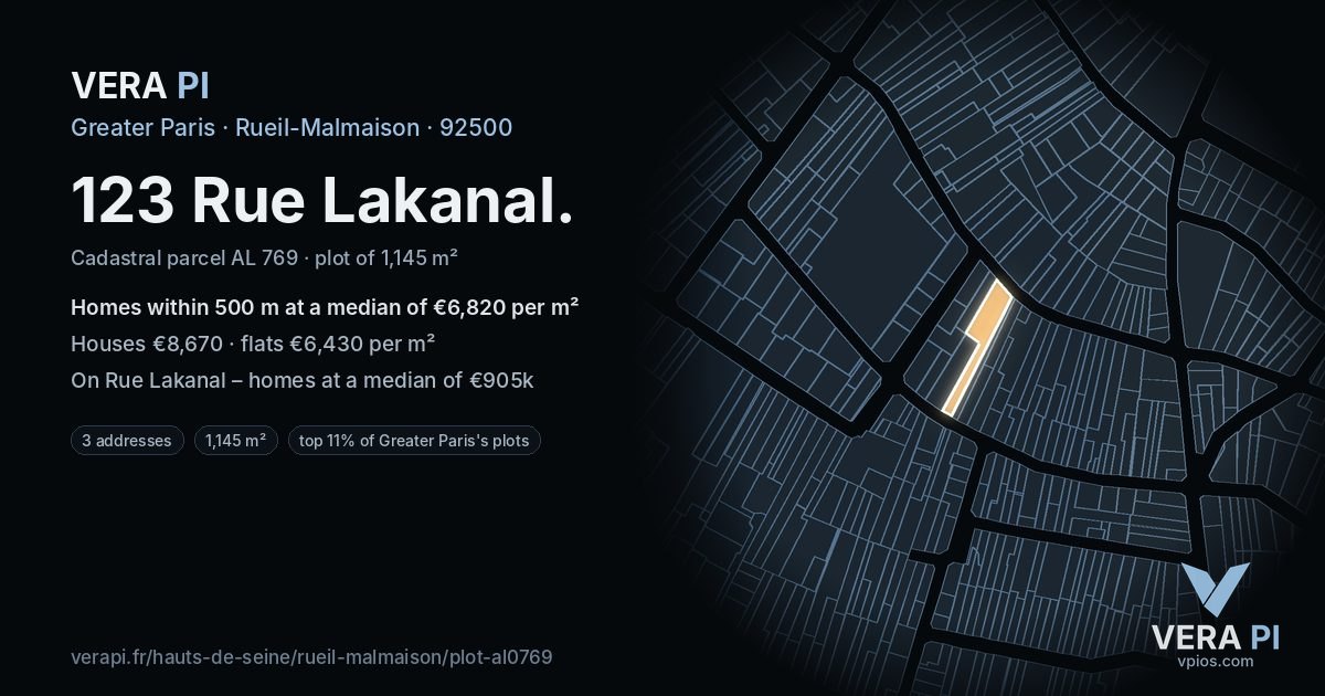 123 Rue Lakanal, Rueil-Malmaison at night – the plot lit, the parcels around coloured by the prices near them