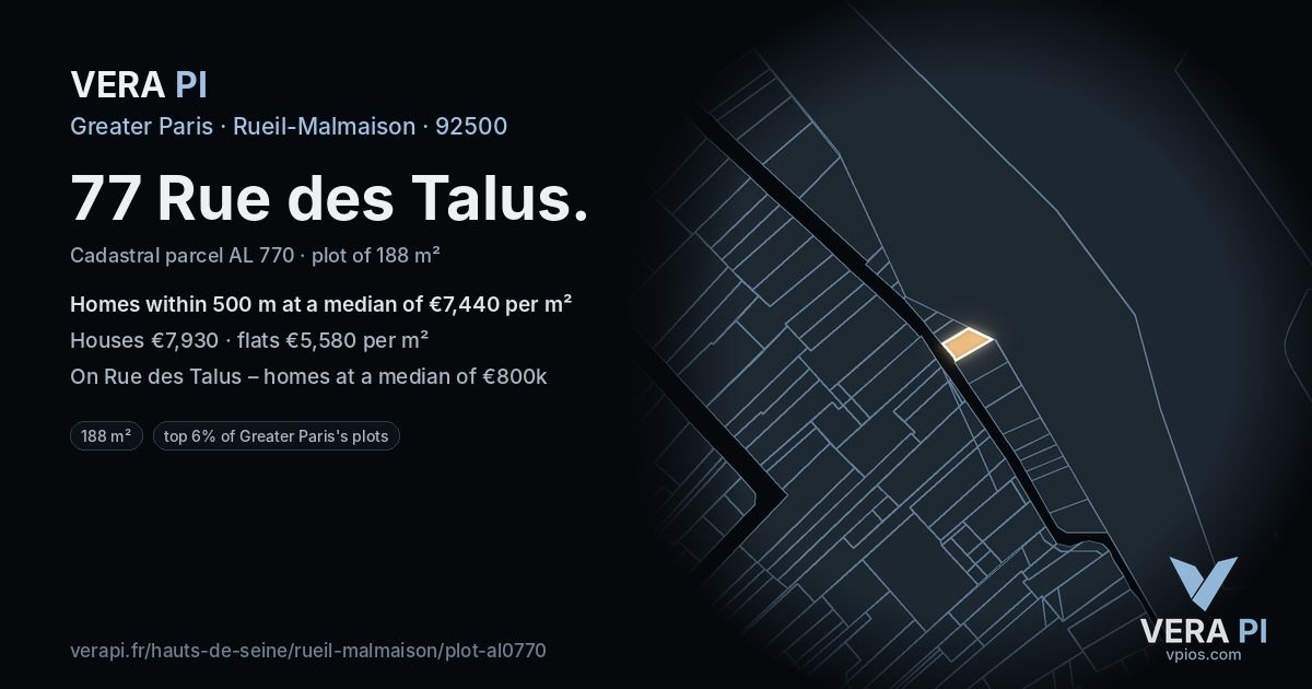 77 Rue des Talus, Rueil-Malmaison at night – the plot lit, the parcels around coloured by the prices near them