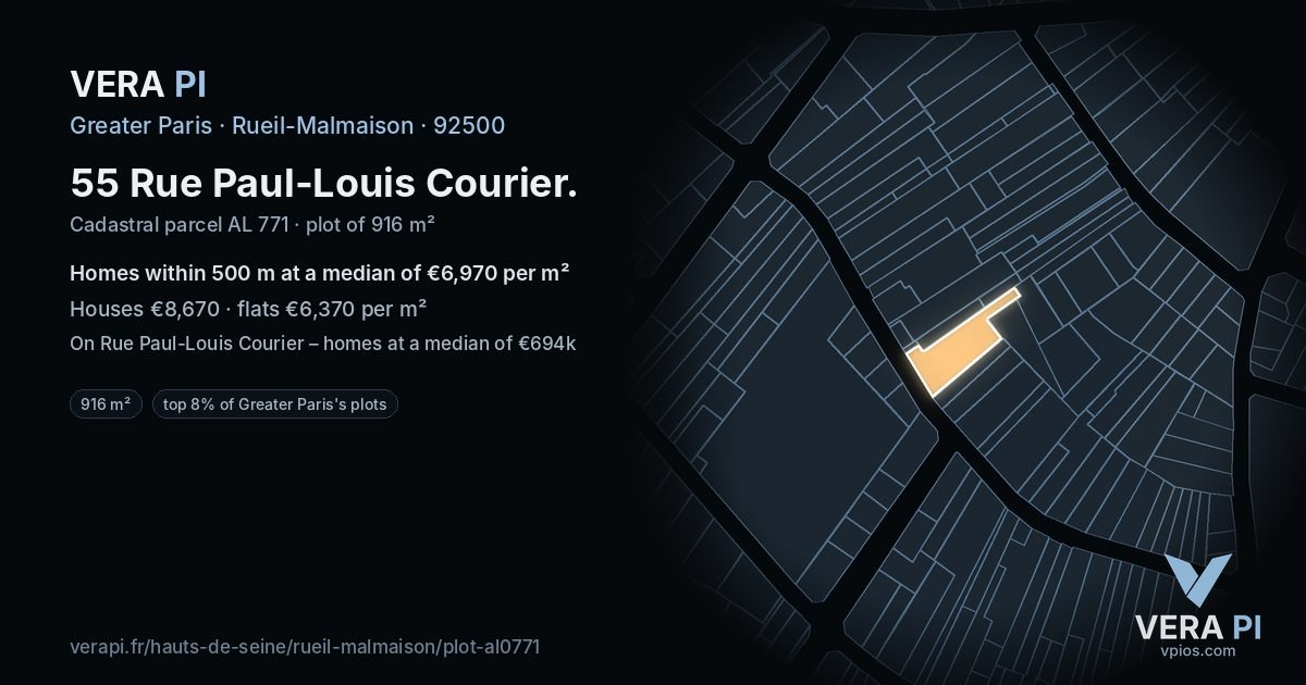 55 Rue Paul-Louis Courier, Rueil-Malmaison at night – the plot lit, the parcels around coloured by the prices near them