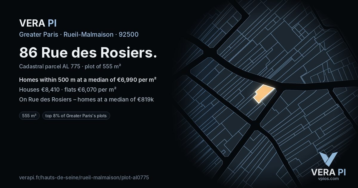 86 Rue des Rosiers, Rueil-Malmaison at night – the plot lit, the parcels around coloured by the prices near them