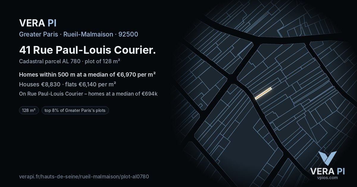 41 Rue Paul-Louis Courier, Rueil-Malmaison at night – the plot lit, the parcels around coloured by the prices near them