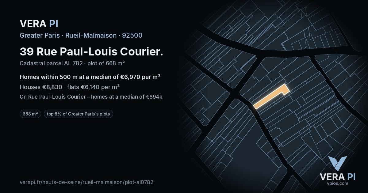 39 Rue Paul-Louis Courier, Rueil-Malmaison at night – the plot lit, the parcels around coloured by the prices near them