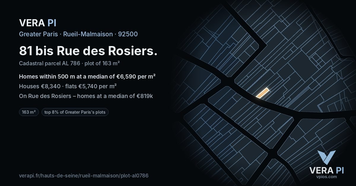 81 bis Rue des Rosiers, Rueil-Malmaison at night – the plot lit, the parcels around coloured by the prices near them